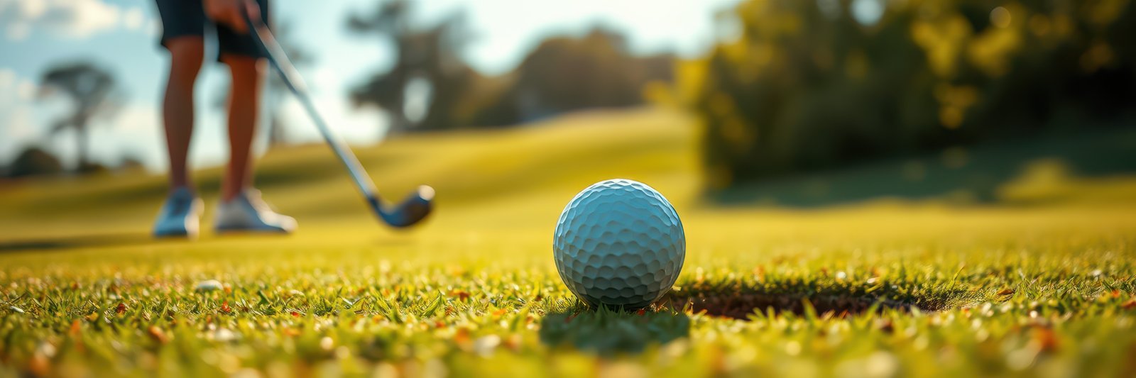 Golfer prepares to putt on a sunny afternoon at a vibrant golf course